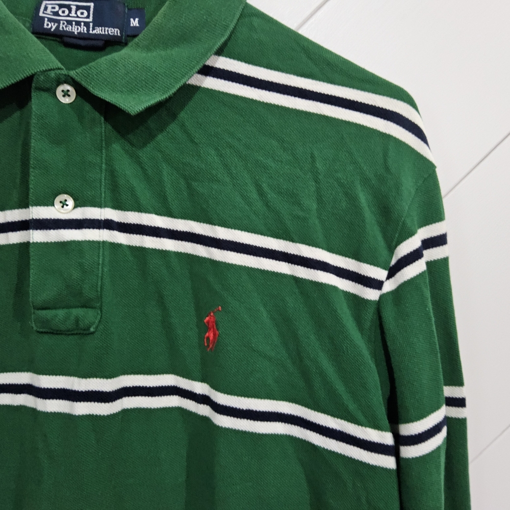 Polo by Ralph Lauren Men's Medium Green Striped Shirt Long Sleeve Polo